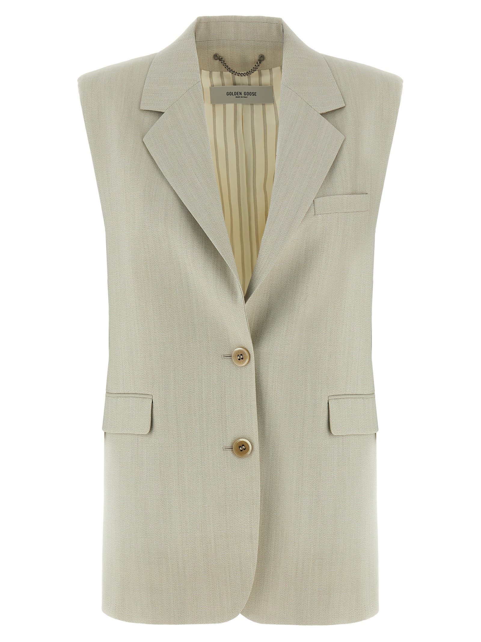 Vest by Golden Goose for women in virgin wool & cotton beige features a enviable silhouette, elegantly detailed with a enviable split neckline and functional pockets for a enviable finish.