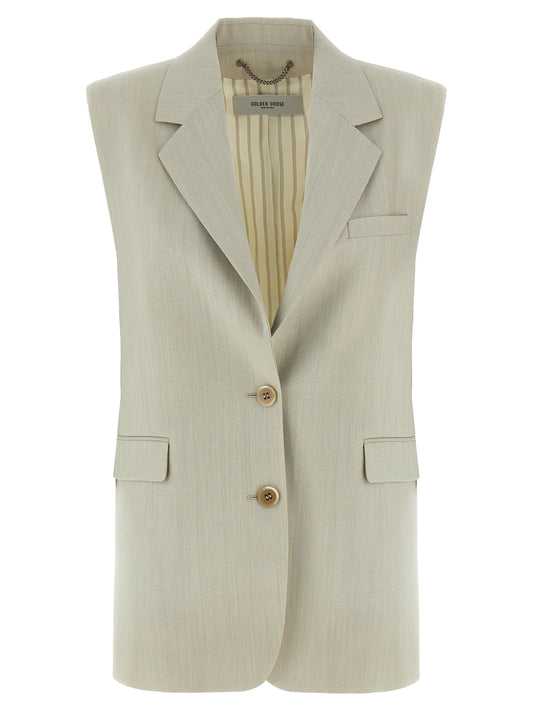 Vest by Golden Goose for women in virgin wool & cotton beige features a enviable silhouette, elegantly detailed with a enviable split neckline and functional pockets for a enviable finish.