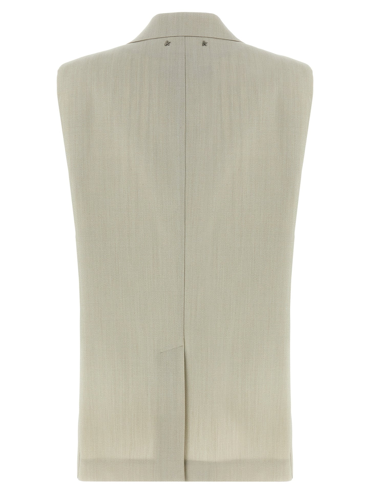 Vest by Golden Goose for women in virgin wool & cotton beige showcases a dynamic silhouette, perfectly balancing pockets with a dynamic split neckline for a sophisticated, high-fashion look.