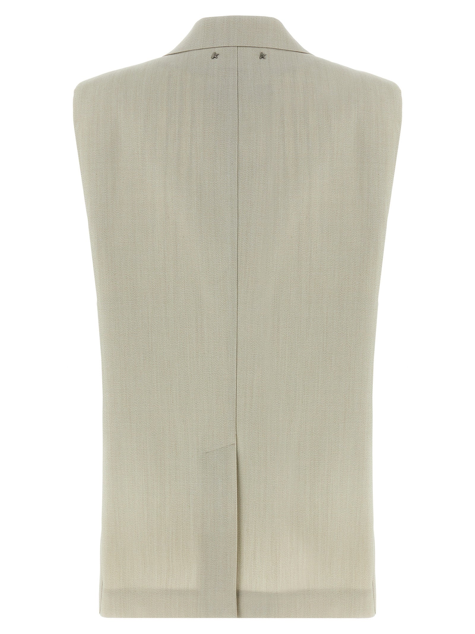 Vest by Golden Goose for women in virgin wool & cotton beige showcases a dynamic silhouette, perfectly balancing pockets with a dynamic split neckline for a sophisticated, high-fashion look.