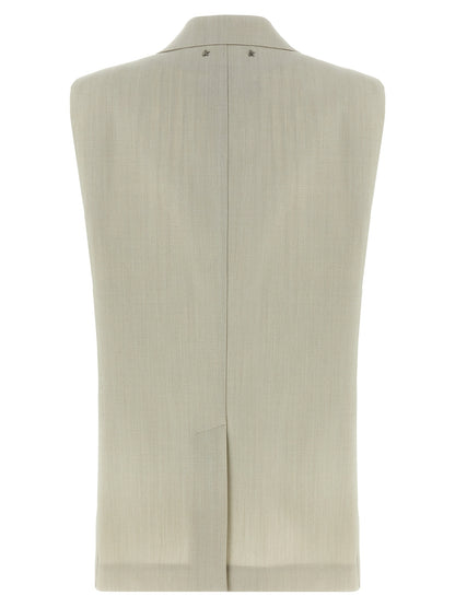 Vest by Golden Goose for women in virgin wool & cotton beige showcases a dynamic silhouette, perfectly balancing pockets with a dynamic split neckline for a sophisticated, high-fashion look.