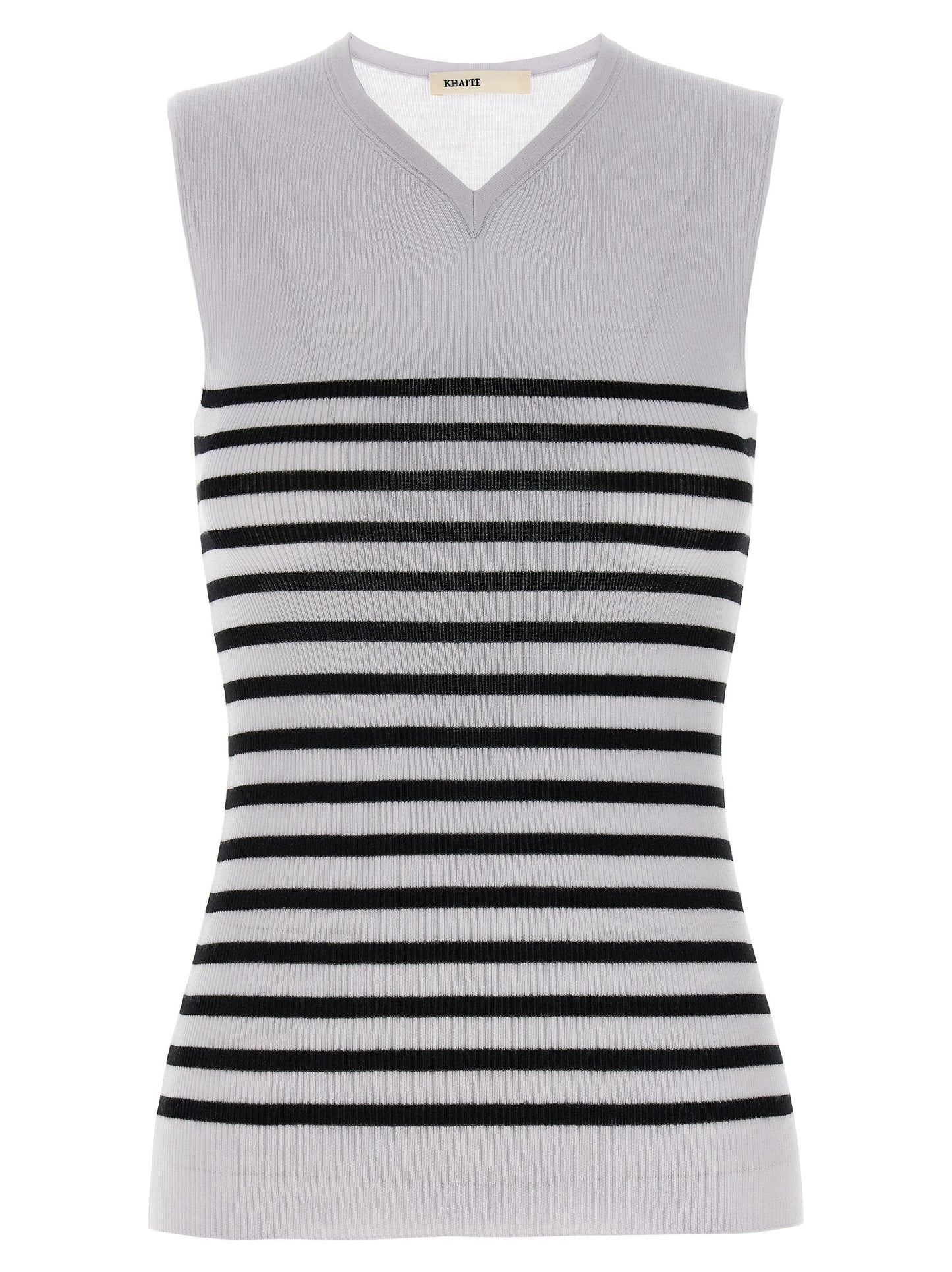 T-Shirt by Khaite for women in merino wool nylon & polyurethane bicolour, black & white features a plush silhouette, showcasing a sophisticated v-neck neckline and sleeveless for a truly plush finish.