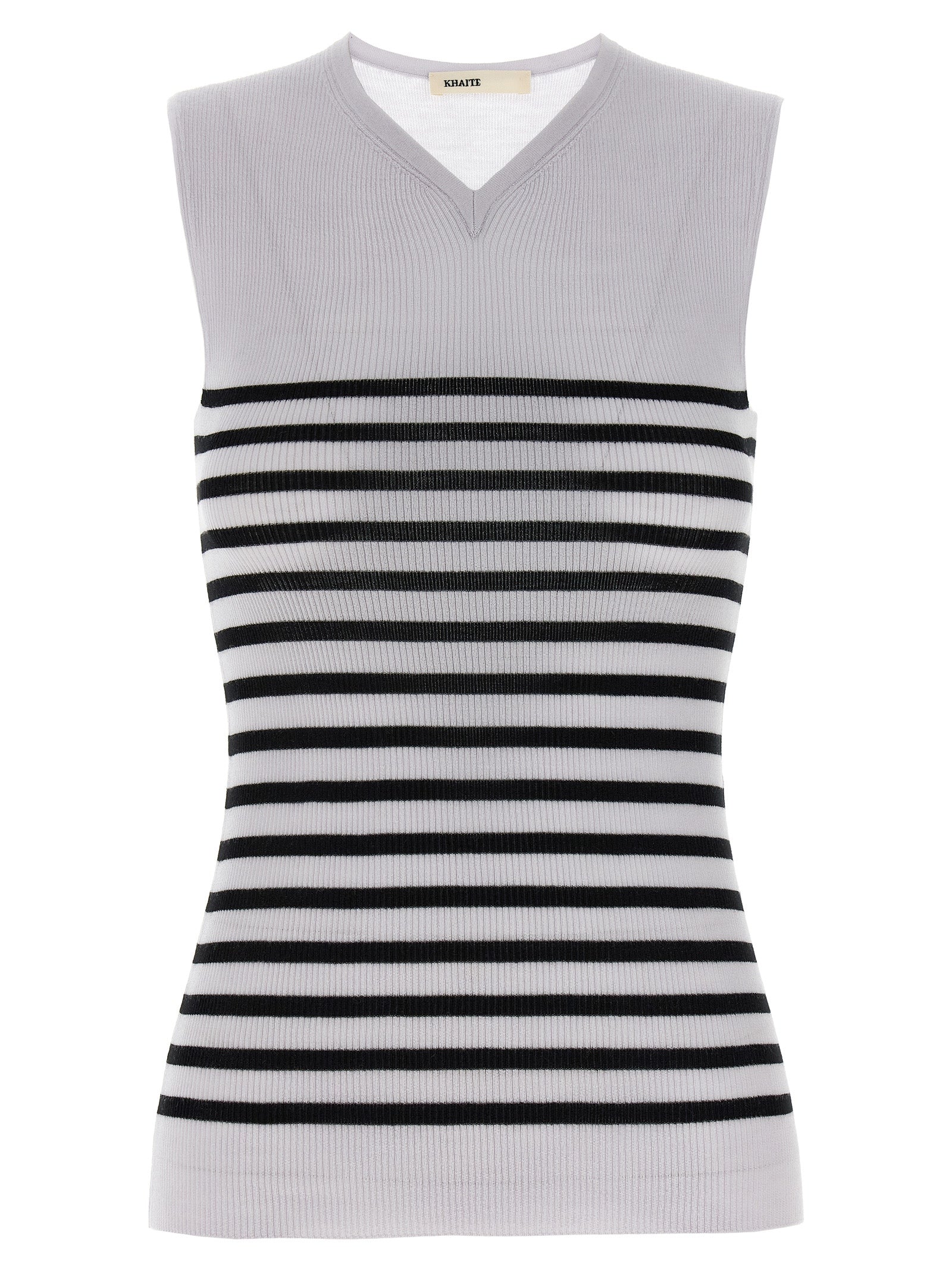 T-Shirt by Khaite for women in merino wool nylon & polyurethane bicolour, black & white features a plush silhouette, showcasing a sophisticated v-neck neckline and sleeveless for a truly plush finish.