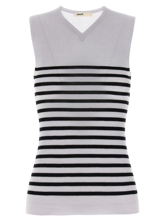 T-Shirt by Khaite for women in merino wool nylon & polyurethane bicolour, black & white features a plush silhouette, showcasing a sophisticated v-neck neckline and sleeveless for a truly plush finish.