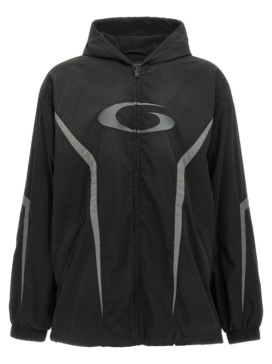 This Hooded Jacket by Balenciaga for men in polyester & mesh black showcases a magnificent silhouette, meticulously crafted with a distinctive hooded neckline and functional hooded & windproof for a magnificent finish.