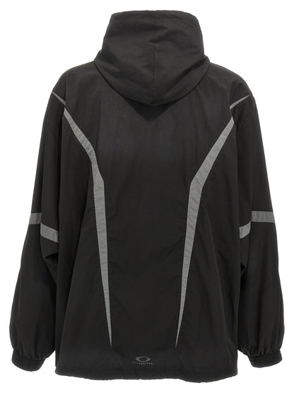 Hooded Jacket by Balenciaga for men in polyester & mesh black features a smart silhouette, perfectly accentuated by its unique hooded neckline and functional hooded & windproof for a smart finish.