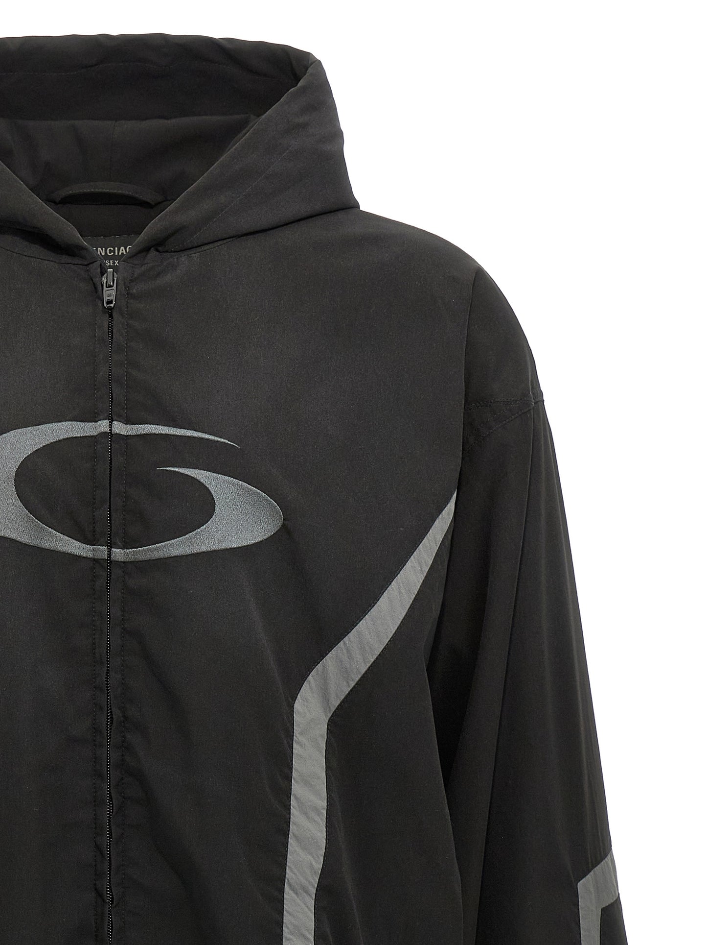 Hooded Jacket by Balenciaga for men in polyester & mesh black presents a impeccable silhouette, showcasing distinct hooded & windproof and a impeccable hooded neckline for a sophisticated finish.