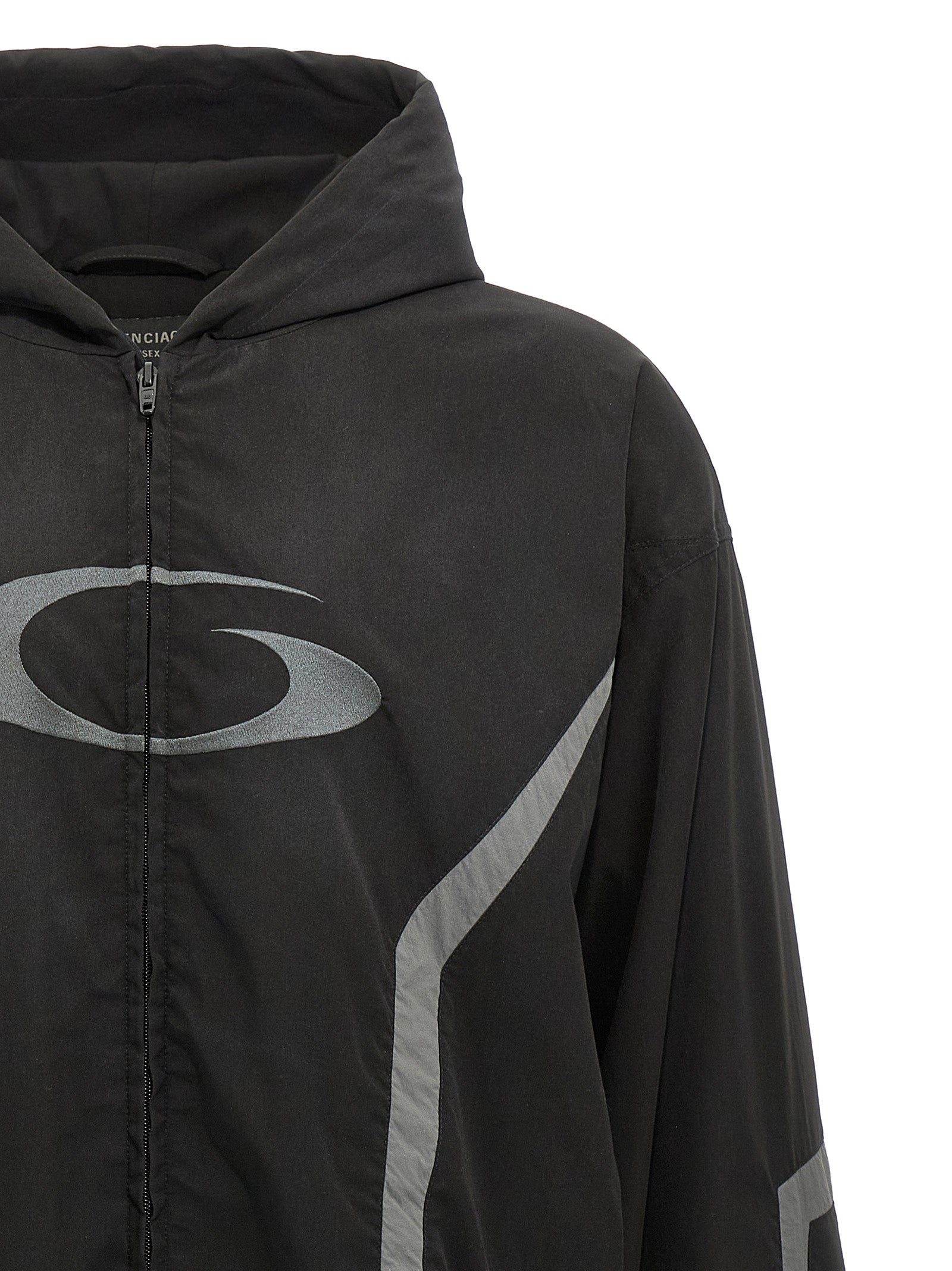 Hooded Jacket by Balenciaga for men in polyester & mesh black presents a impeccable silhouette, showcasing distinct hooded & windproof and a impeccable hooded neckline for a sophisticated finish.