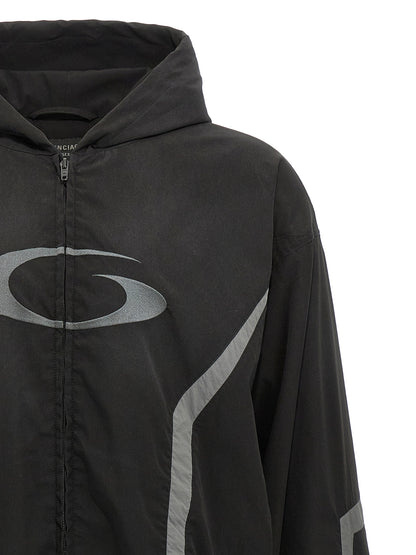 Hooded Jacket by Balenciaga for men in polyester & mesh black presents a impeccable silhouette, showcasing distinct hooded & windproof and a impeccable hooded neckline for a sophisticated finish.