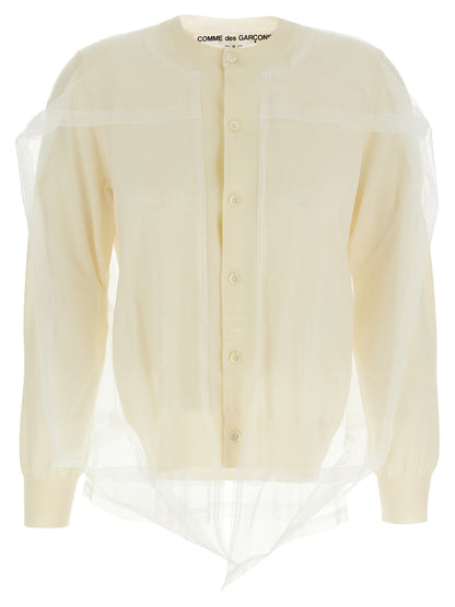Cardigan by Comme Des Garçons for women in wool white features a nuanced silhouette with a refined crew neckline and nuanced long-sleeve detailing for a sophisticated look.