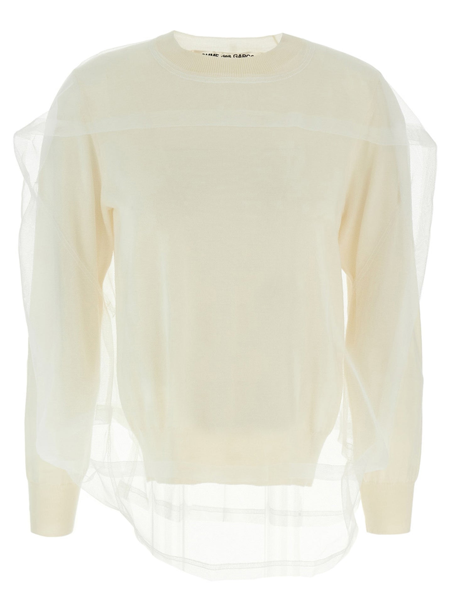 Cardigan by Comme Des Garçons for women in wool white presents a textural silhouette, artfully finished with a textural crew neckline and long-sleeve for a sophisticated, textural look.