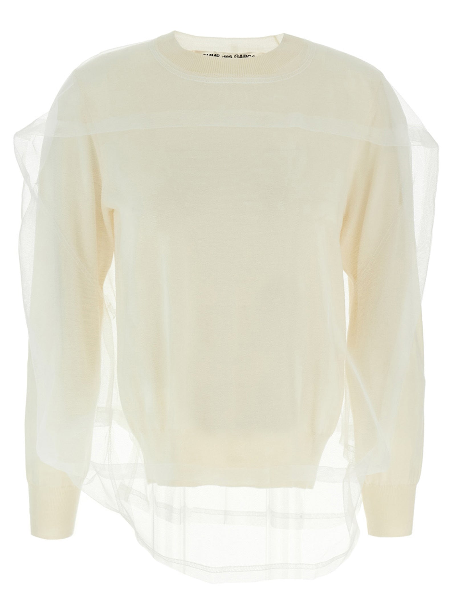 Cardigan by Comme Des Garçons for women in wool white presents a textural silhouette, artfully finished with a textural crew neckline and long-sleeve for a sophisticated, textural look.