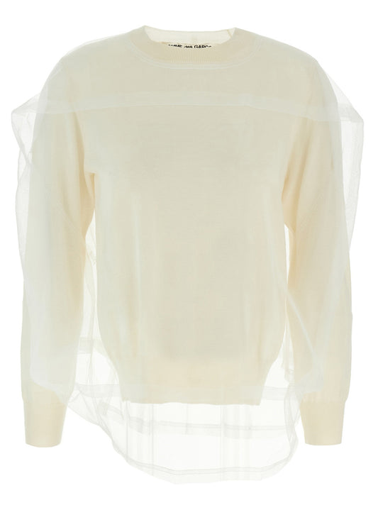 Cardigan by Comme Des Garçons for women in wool white presents a textural silhouette, artfully finished with a textural crew neckline and long-sleeve for a sophisticated, textural look.