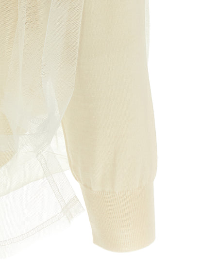 Cardigan by Comme Des Garçons for women in wool white features a dramatic silhouette, showcasing a sophisticated and dramatic detail for a timeless, premium look.