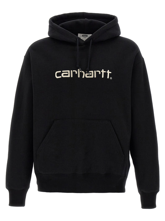 Sweatshirt Hoodie by Junya Watanabe for men in cotton black & print features an avant-garde silhouette, showcasing a sophisticated hooded neckline and detail for a truly avant-garde finish.