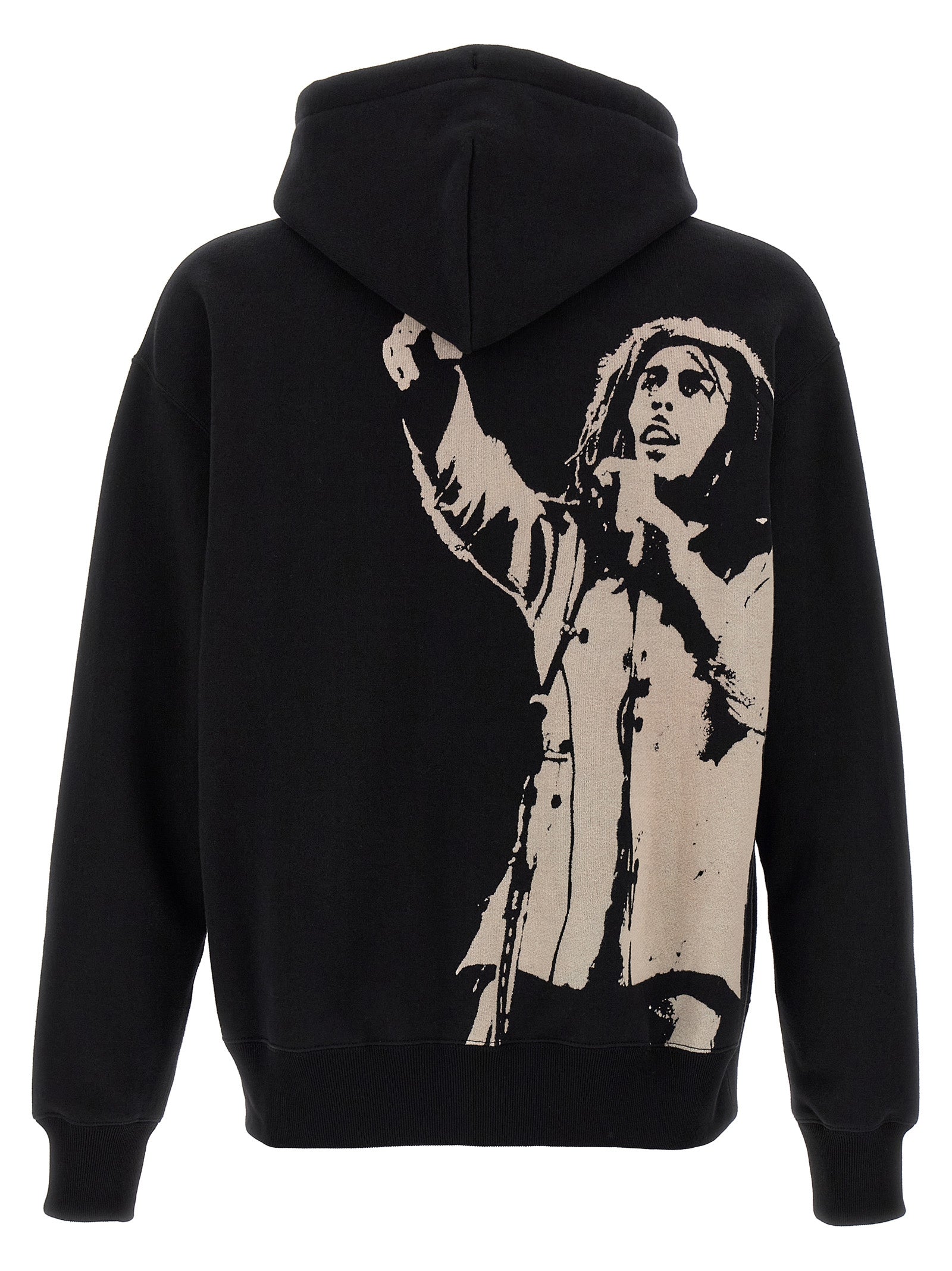 Sweatshirt Hoodie by Junya Watanabe for men in cotton black & print features a slouchy chic silhouette, detailed with a slouchy chic and a signature hooded neckline for an elevated aesthetic.