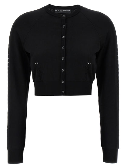 Cardigan by Dolce & Gabbana for women in polyamide polyester viscose black features a nuanced silhouette with a refined crew neckline and nuanced long-sleeve detailing for a sophisticated look.