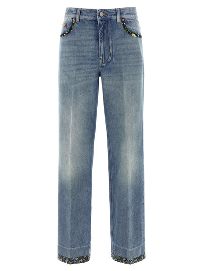 Jeans by Valentino Garavani for women in cotton denim blue & floral presents a refined pantology silhouette, artfully defined by a refined pantology , long, and a sophisticated .