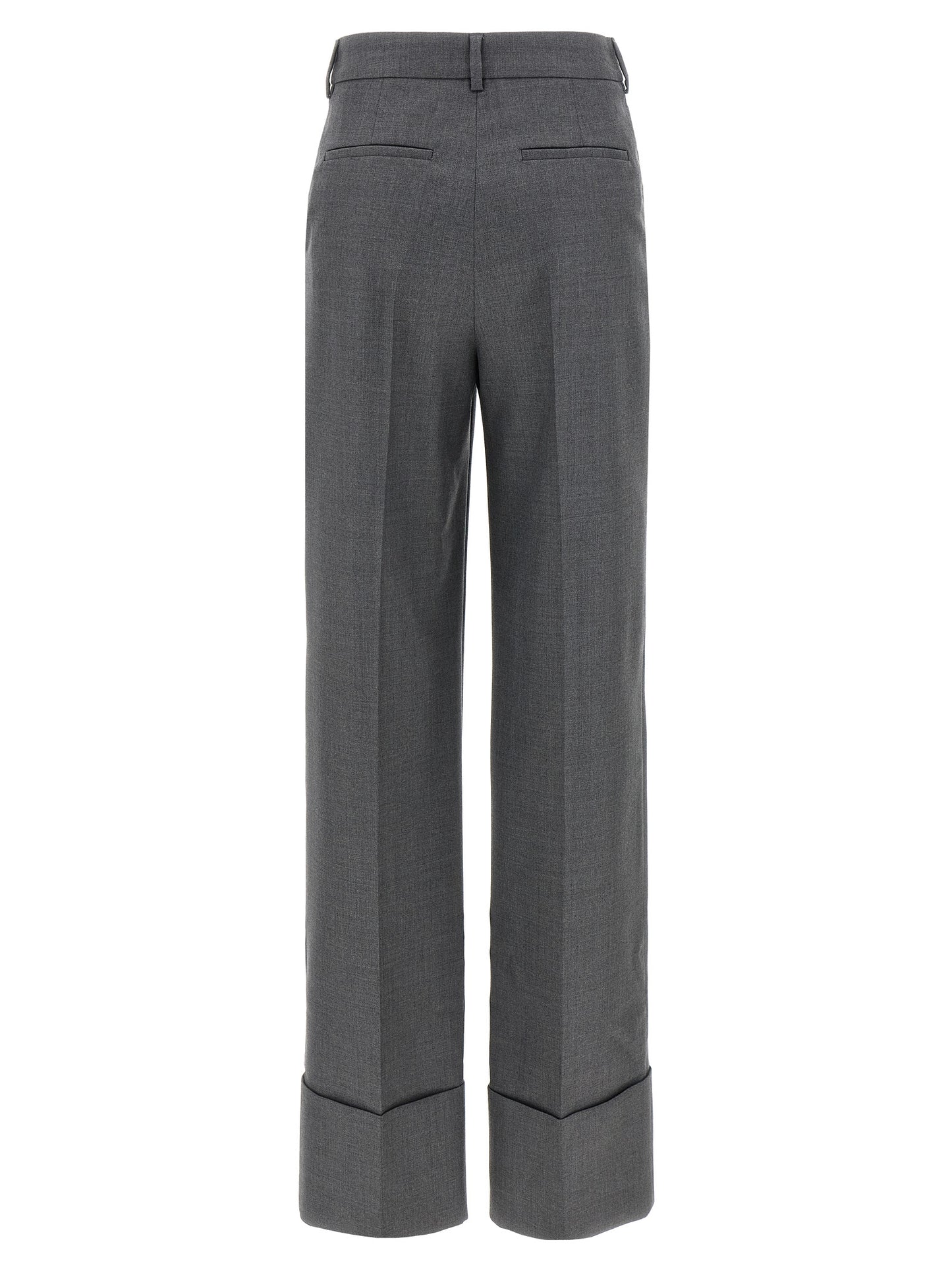 Trousers by Valentino Garavani for women in virgin wool gray features a sculptural silhouette, showcasing a sculptural wide and long with a sophisticated for a sculptural finish.
