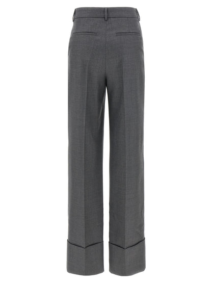 Trousers by Valentino Garavani for women in virgin wool gray features a sculptural silhouette, showcasing a sculptural wide and long with a sophisticated for a sculptural finish.