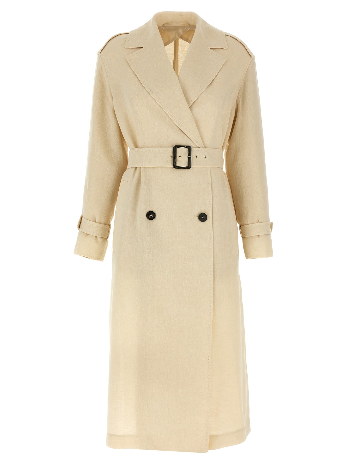 Trench Coat by Max Mara for women in linen flax beige presents an sculptural silhouette, artfully detailed with a sculptural lapel neckline and functional for a truly sculptural finish.