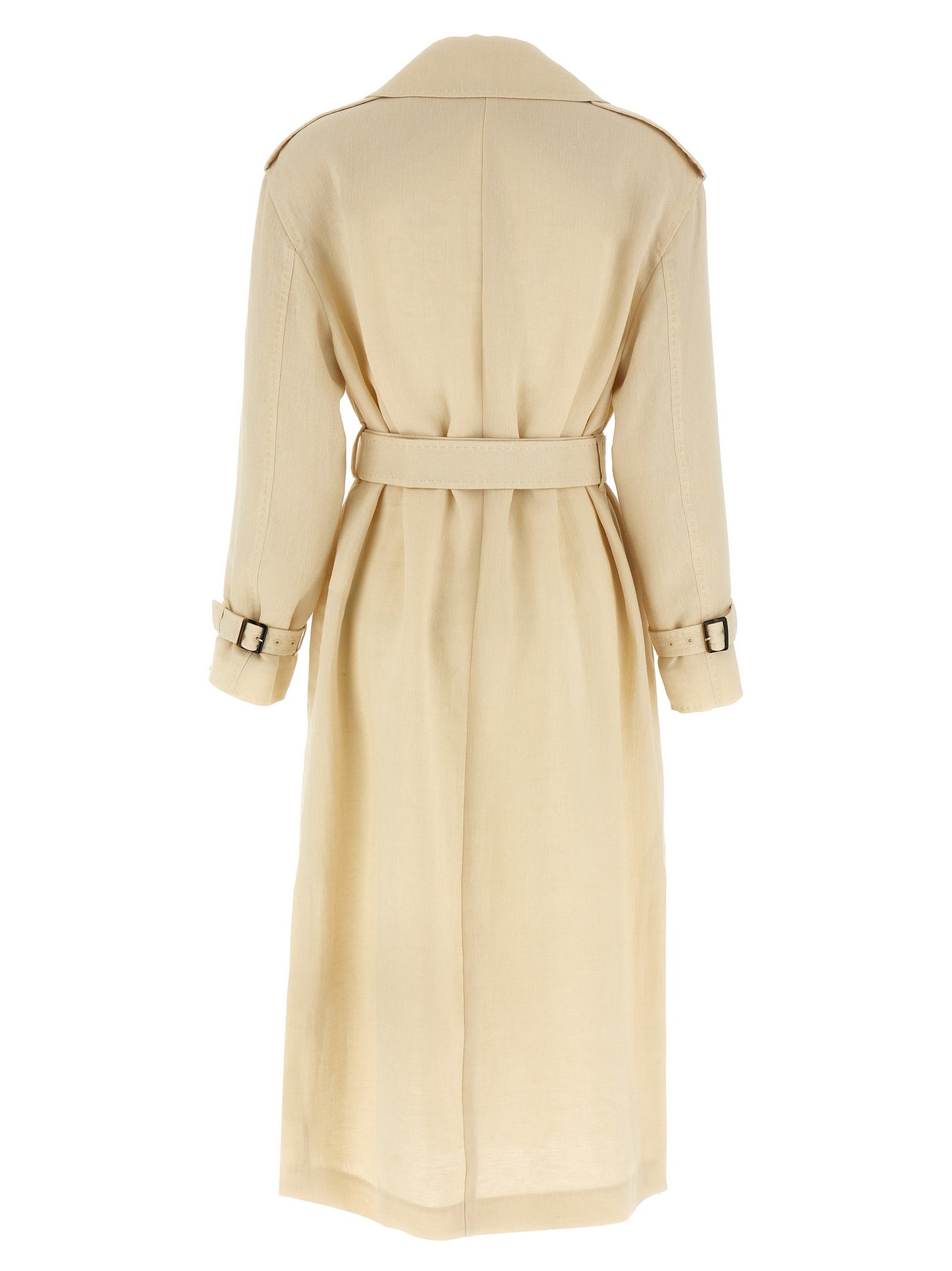 Trench Coat by Max Mara for women in linen flax and beige presents a exquisite silhouette, showcasing a exquisite lapel neckline and functional for an elevated aesthetic.