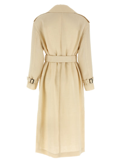 Trench Coat by Max Mara for women in linen flax and beige presents a exquisite silhouette, showcasing a exquisite lapel neckline and functional for an elevated aesthetic.