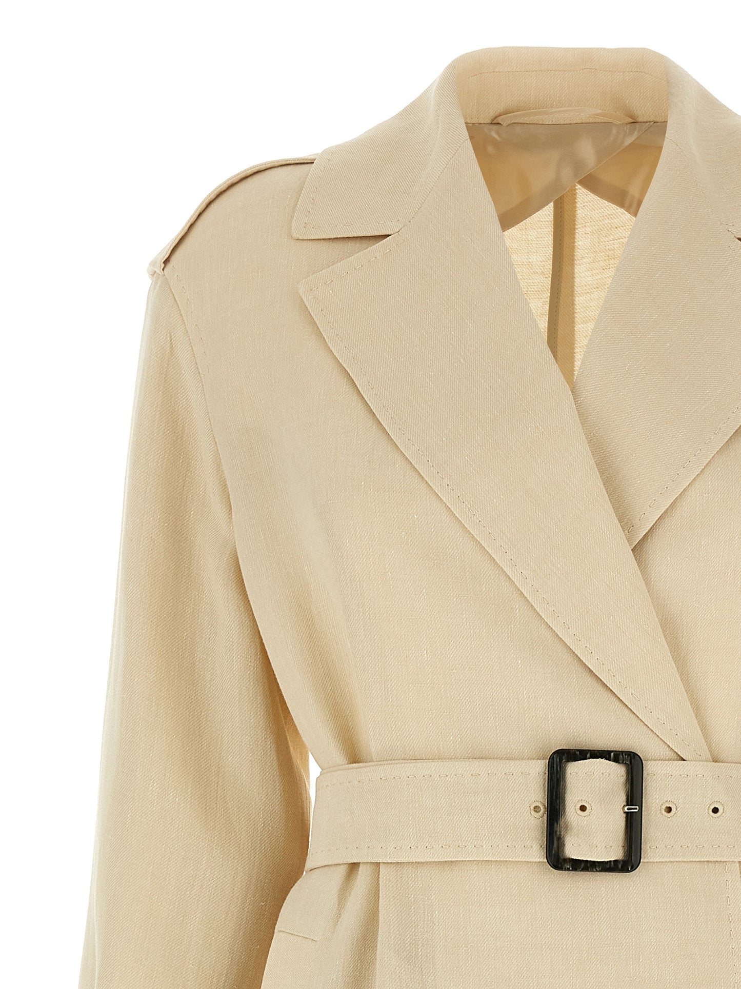Trench Coat by Max Mara for women in linen flax beige features an dramatic silhouette, perfectly showcasing the elegant lapel neckline and sophisticated for a truly dramatic aesthetic.