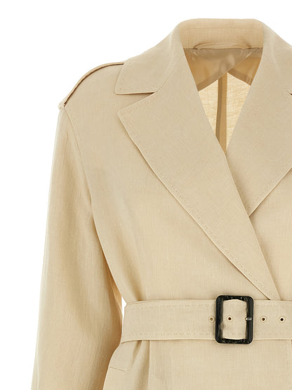 Trench Coat by Max Mara for women in linen flax beige features an dramatic silhouette, perfectly showcasing the elegant lapel neckline and sophisticated for a truly dramatic aesthetic.