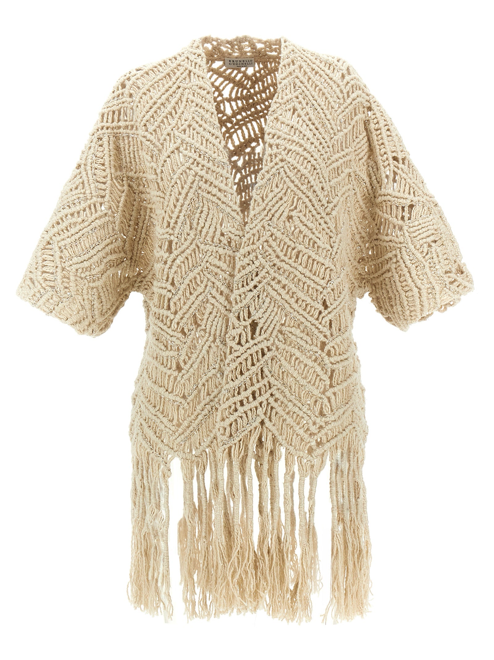 Cardigan by Brunello Cucinelli for women in linen silk & sequins beige & print features an impeccable silhouette, showcasing a sophisticated and short-sleeve detail for a truly impeccable finish.