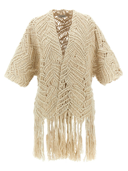 Cardigan by Brunello Cucinelli for women in linen silk & sequins beige & print features an impeccable silhouette, showcasing a sophisticated and short-sleeve detail for a truly impeccable finish.