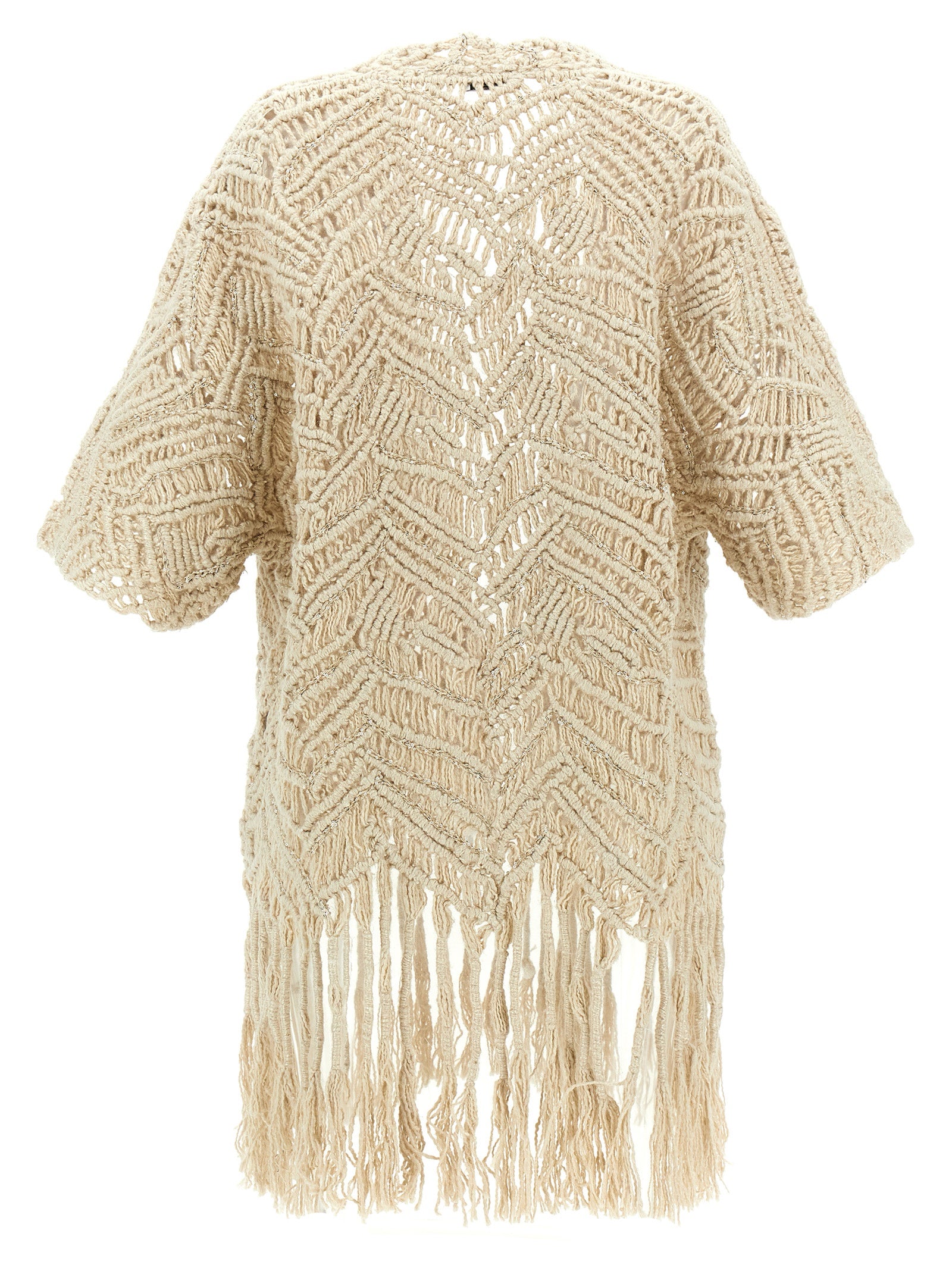 Cardigan by Brunello Cucinelli for women in linen silk & sequins beige & print features a dramatic silhouette, showcasing a sophisticated and dramatic detail for a timeless, premium look.