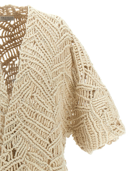 Cardigan by Brunello Cucinelli for women in linen silk & sequins beige & print showcases a luxurious silhouette, meticulously detailed with a sophisticated and for a refined finish.