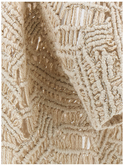 Cardigan by Brunello Cucinelli for women in linen silk & sequins beige & print features an impeccable silhouette, showcasing a sophisticated and detail for a truly impeccable finish.