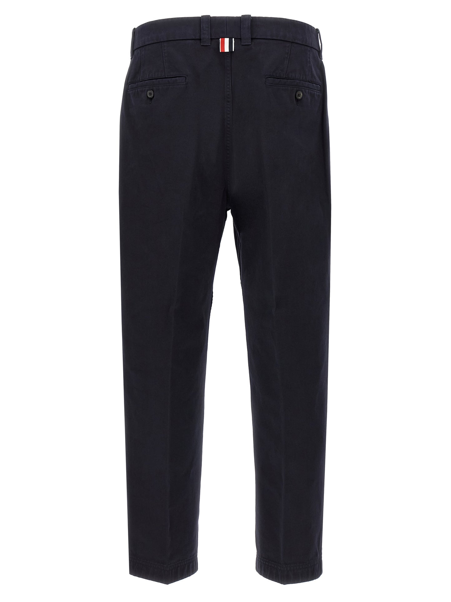Trousers by Thom Browne for men in cotton blue features an on trend silhouette, showcasing a sophisticated straight-leg with a long and for an on trend finish.