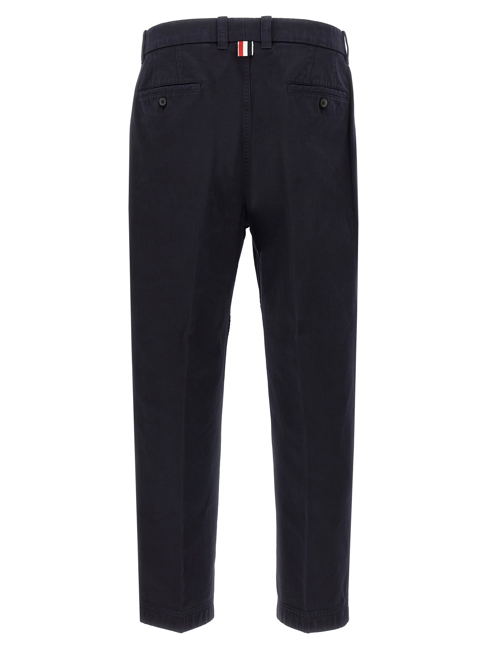 Trousers by Thom Browne for men in cotton blue features an on trend silhouette, showcasing a sophisticated straight-leg with a long and for an on trend finish.