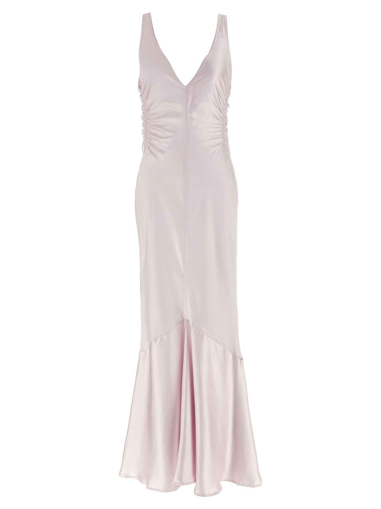 Dress by Sportmax for women in polyester satin multicolor & pink features an sultry silhouette defined by a v-neck neckline and sleeveless, falling to an sultry long for a sultry look.