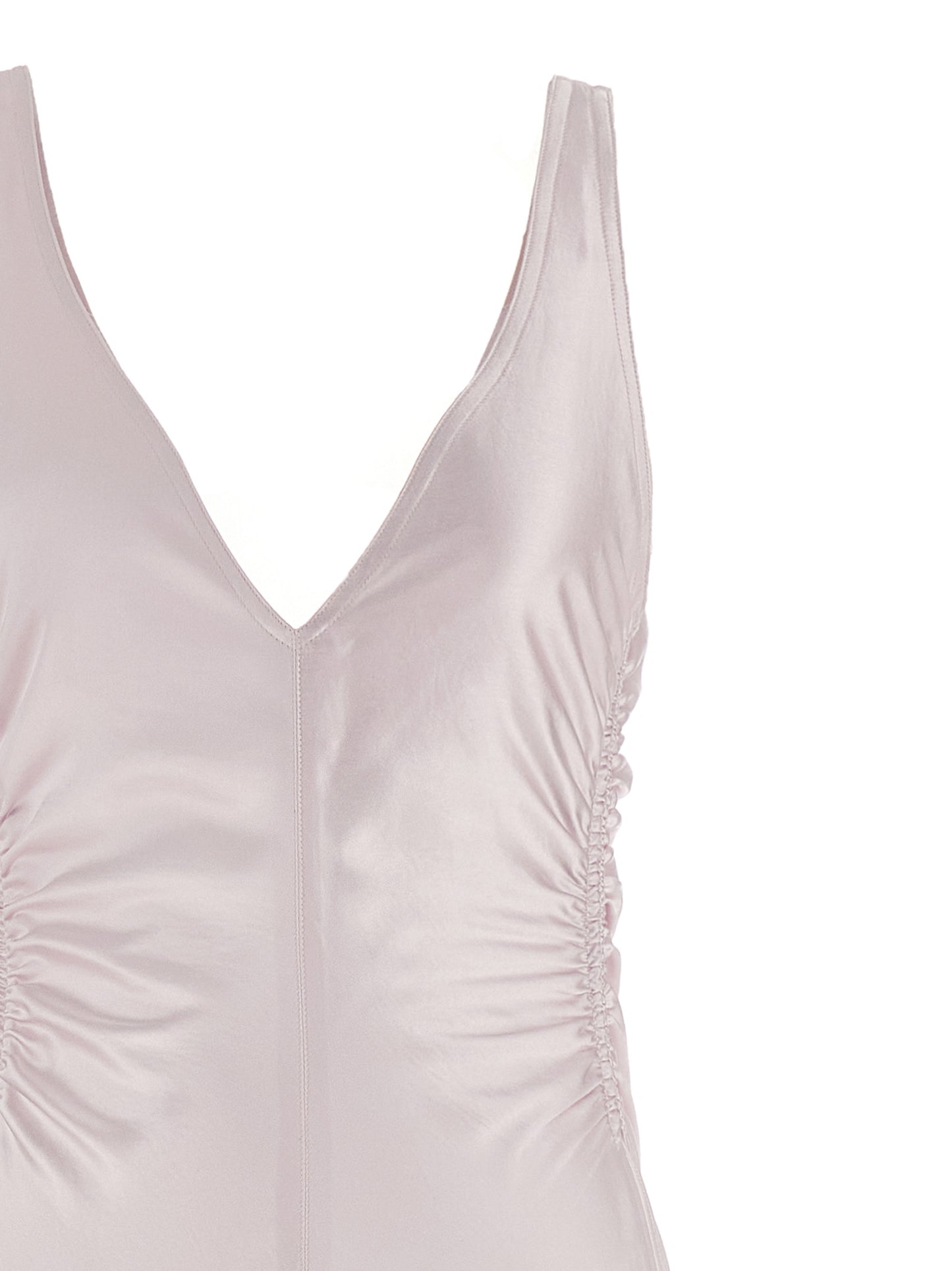Dress by Sportmax for women in polyester satin multicolor & pink presents a sinuous silhouette, showcasing a sophisticated v-neck neckline and detailed with a sinuous long for a refined finish.