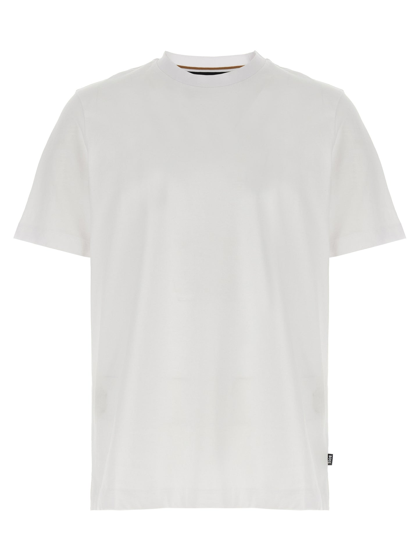 T-Shirt by Hugo Boss for men in cotton white showcases a unassuming silhouette, artfully detailed with a refined crew neckline and unassuming short-sleeve for a sophisticated, contemporary look.