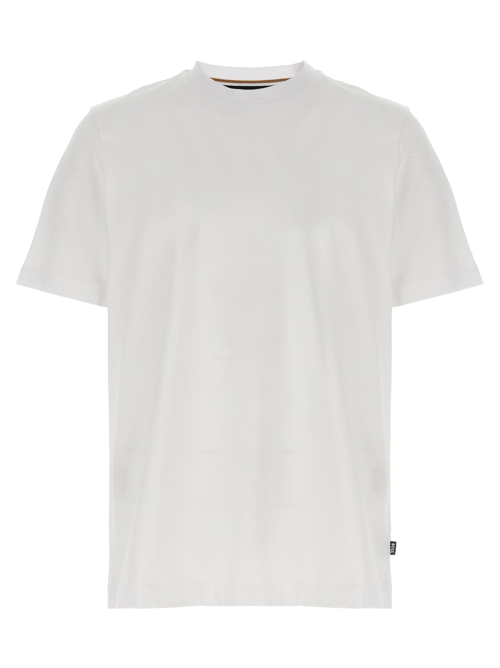 T-Shirt by Hugo Boss for men in cotton white showcases a unassuming silhouette, artfully detailed with a refined crew neckline and unassuming short-sleeve for a sophisticated, contemporary look.