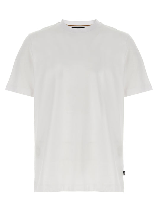 T-Shirt by Hugo Boss for men in cotton white showcases a unassuming silhouette, artfully detailed with a refined crew neckline and unassuming short-sleeve for a sophisticated, contemporary look.