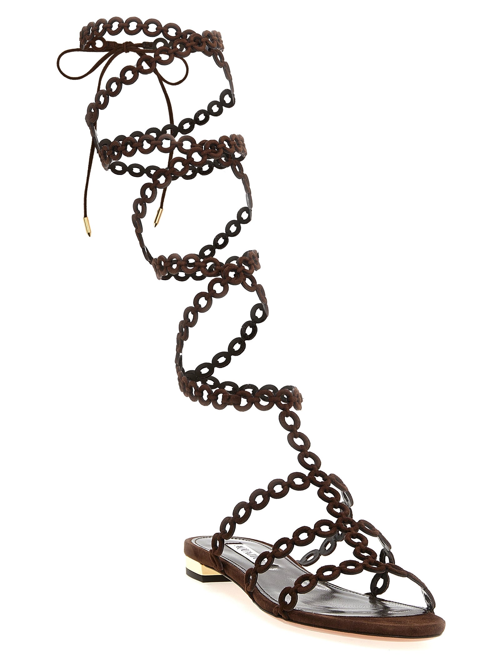 Flat Gladiator Sandals by Aquazzura for women in suede goatskin leather brown & patterned features an exquisite silhouette, showcasing the exquisite Women's Suede Goatskin Leather Flat Gladiator Sandals with a flat and .
