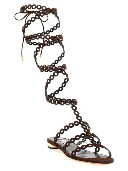 Flat Gladiator Sandals by Aquazzura for women in suede goatskin leather brown & patterned features an exquisite silhouette, showcasing the exquisite Women's Suede Goatskin Leather Flat Gladiator Sandals with a flat and .