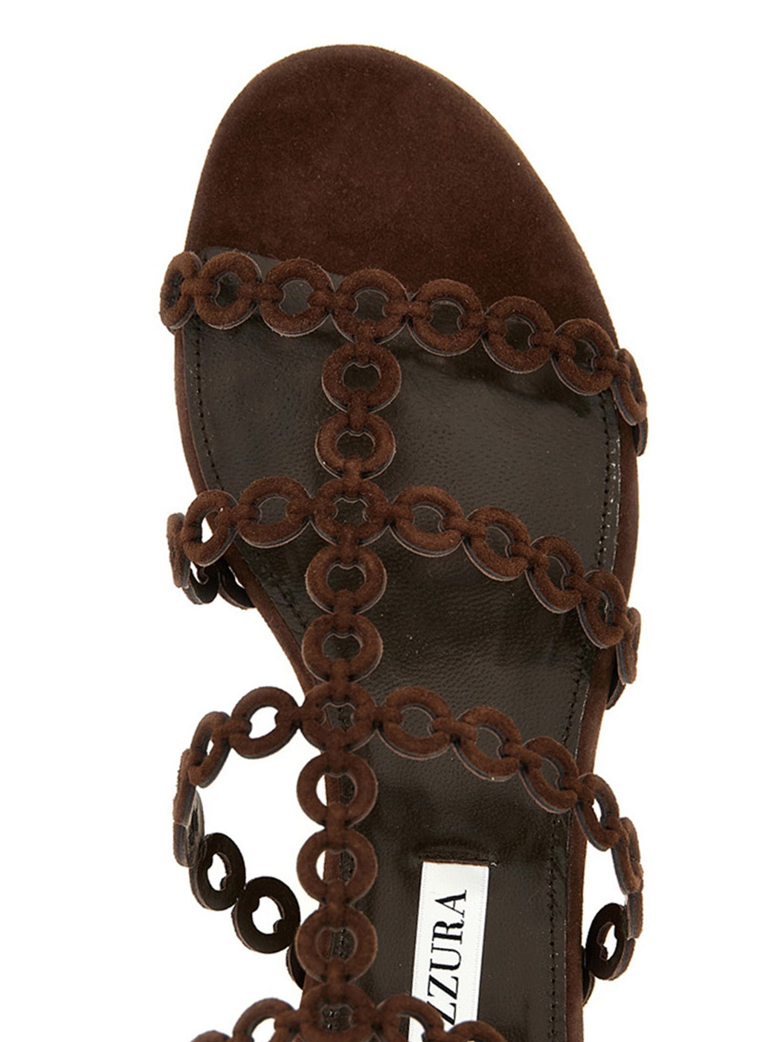 Flat Gladiator Sandals by Aquazzura for women in suede goatskin leather brown & patterned showcases a sculptural silhouette as Women's Suede Goatskin Leather Flat Gladiator Sandals, defined by a sculptural flat and sculptural for a sculptural look.