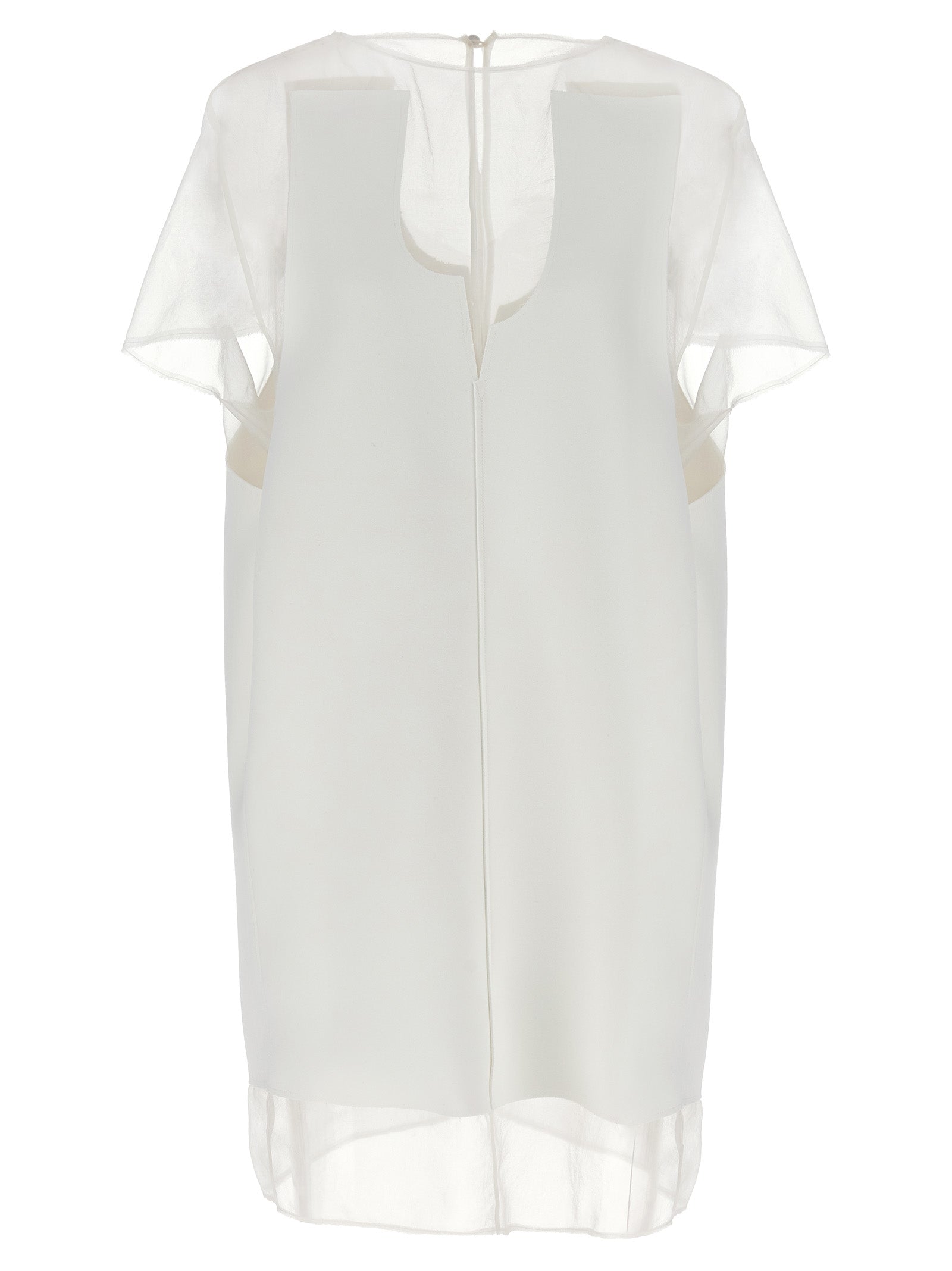 Dress by Khaite for women in polyester transparent & white features an magnificent silhouette, artfully detailed with a magnificent crew neckline and short-sleeve that flows into an magnificent short mini.