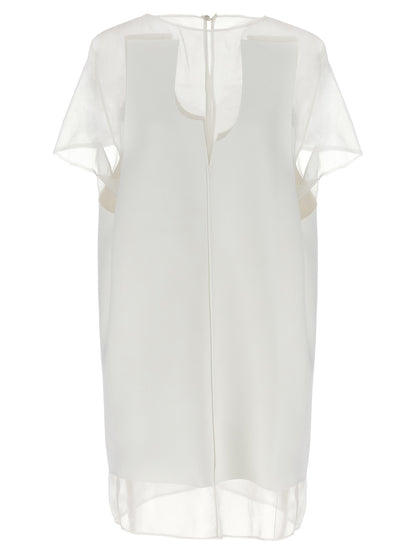 Dress by Khaite for women in polyester transparent & white features an magnificent silhouette, artfully detailed with a magnificent crew neckline and short-sleeve that flows into an magnificent short mini.