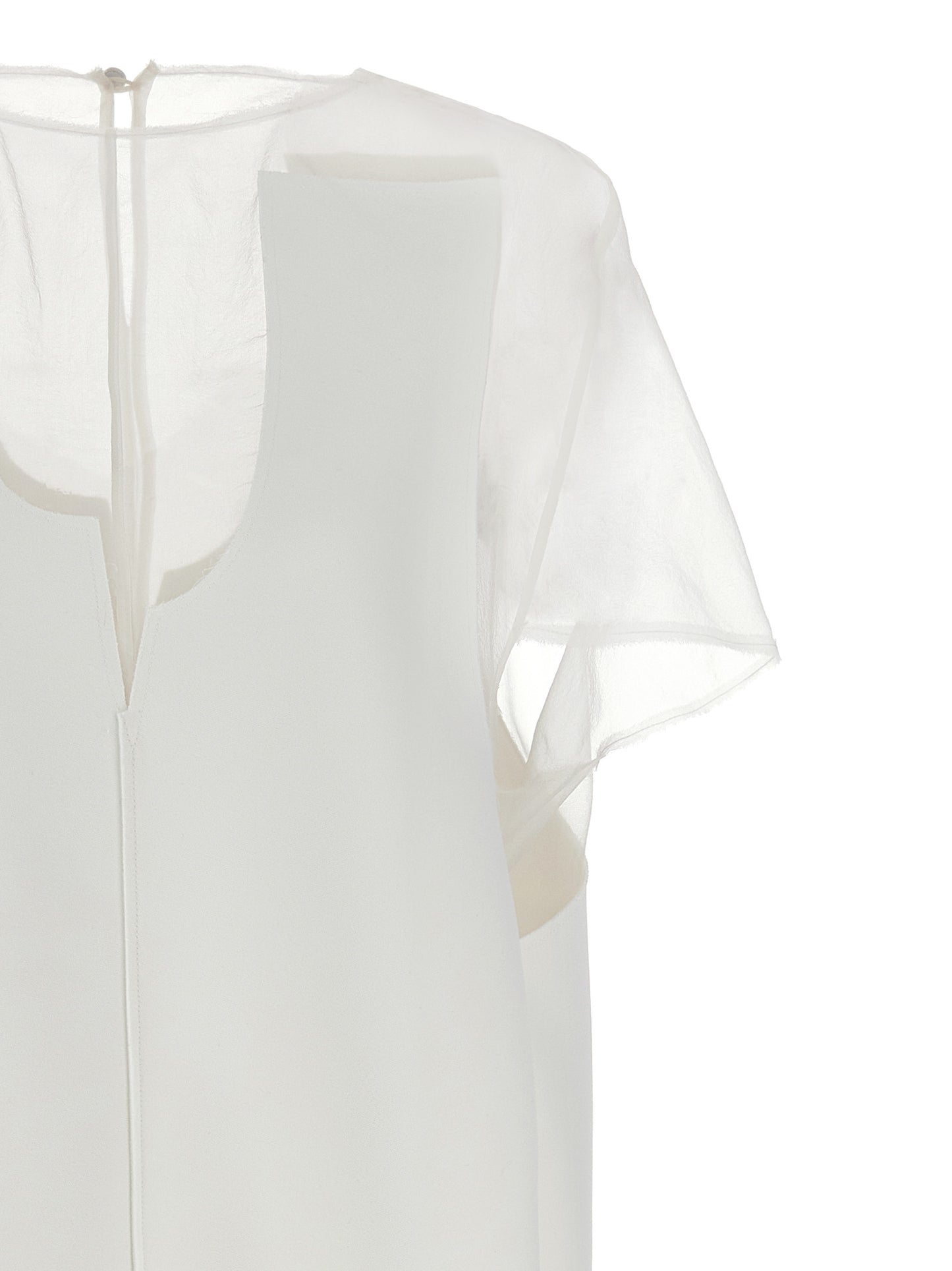 Dress by Khaite for women in polyester transparent & white features a dramatic silhouette, showcasing an elegant crew neckline and that flows into a dramatic short mini.