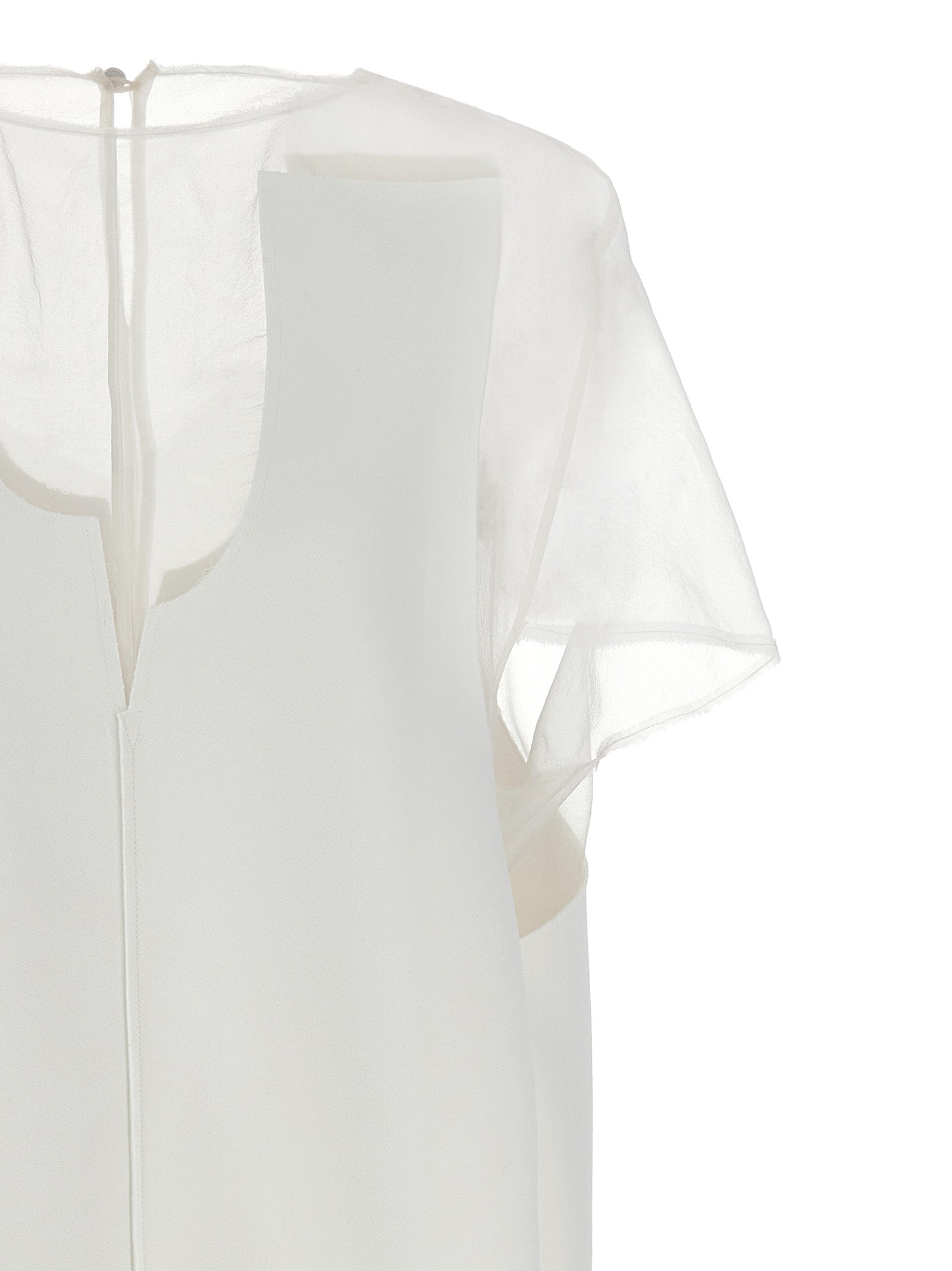 Dress by Khaite for women in polyester transparent & white features a dramatic silhouette, showcasing an elegant crew neckline and that flows into a dramatic short mini.