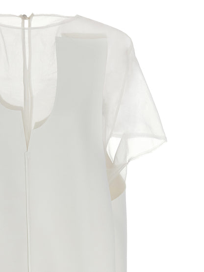 Dress by Khaite for women in polyester transparent & white features a dramatic silhouette, showcasing an elegant crew neckline and that flows into a dramatic short mini.