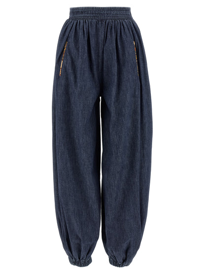 Pants by Valentino Garavani for women in denim cotton blue showcases a unrivaled comfort silhouette, featuring a cut and long with a high rise for a unrivaled comfort and refined aesthetic.
